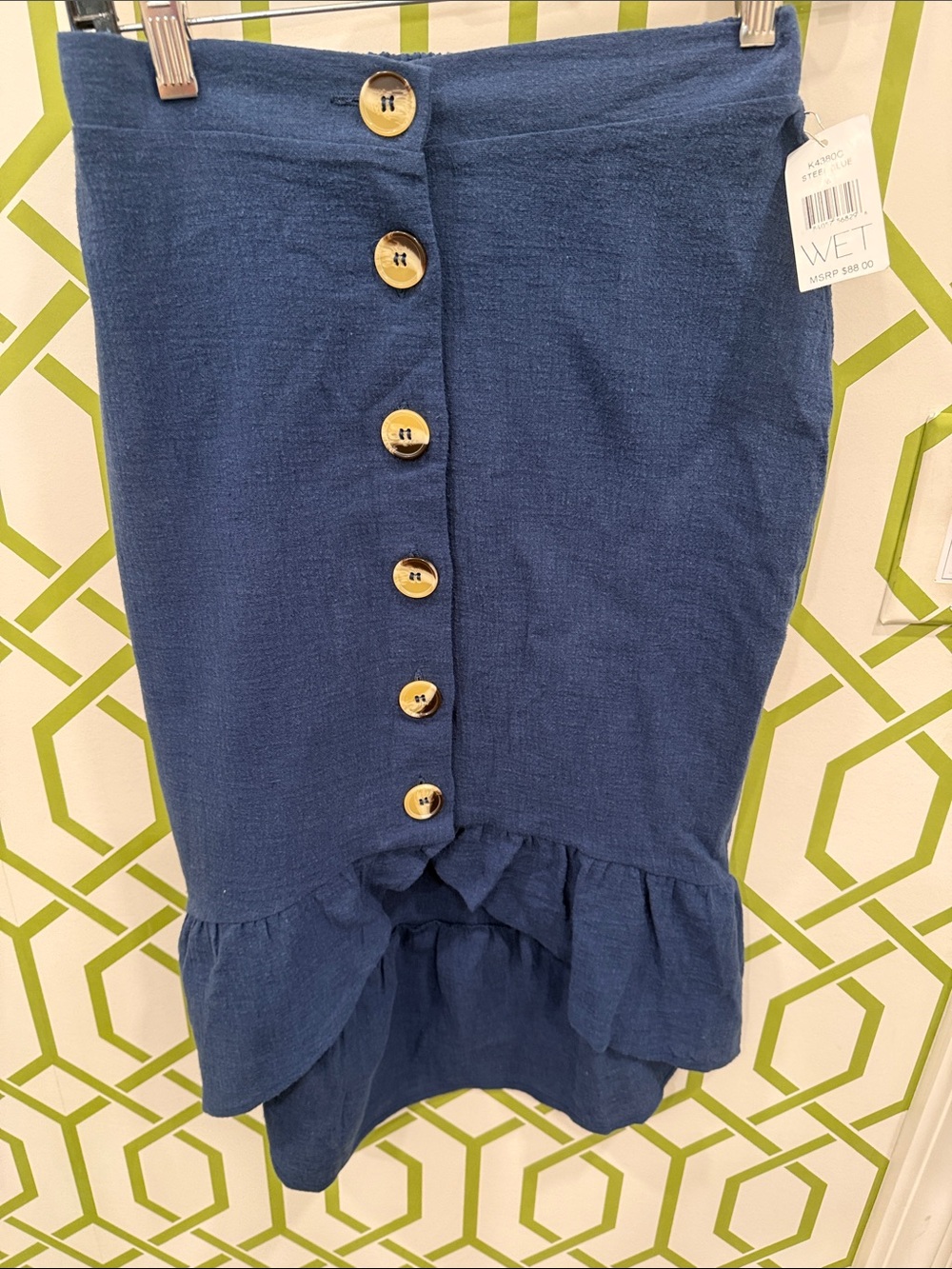 WET Swim Cover up- Blue Button-Front‎ Ruffle Hem Skirt